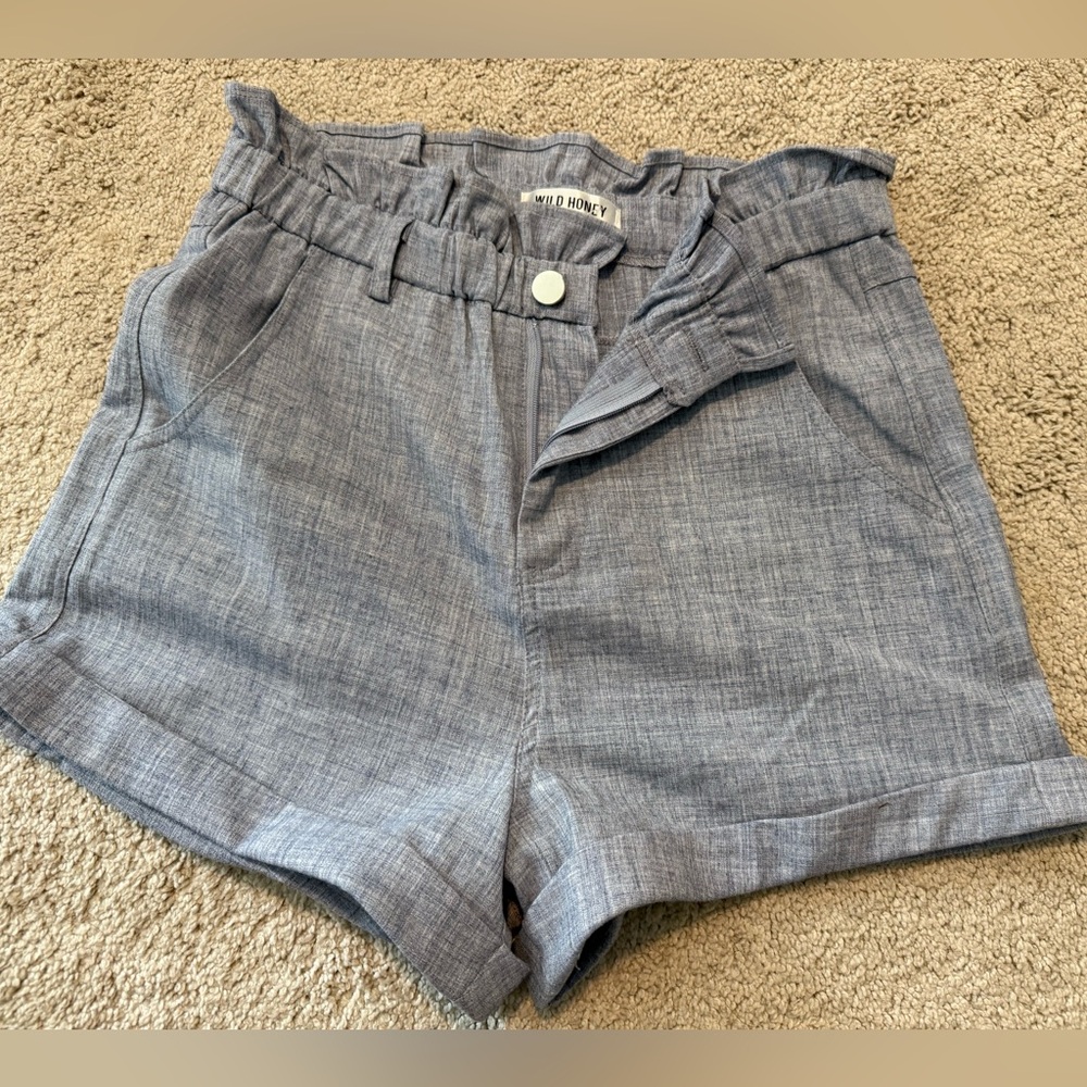 Wild Honey Blue High Waist Shorts with Paper Bag Waistband
